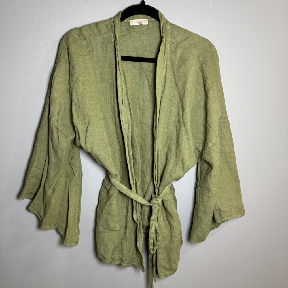Lara Guidotti Italy 100% Linen Kimono Wrap Cardigan Olive Green One Size OS